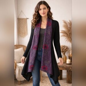 Peruvian Link Alpaca Embroidered Duster Cardigan Purple Black Sz S
